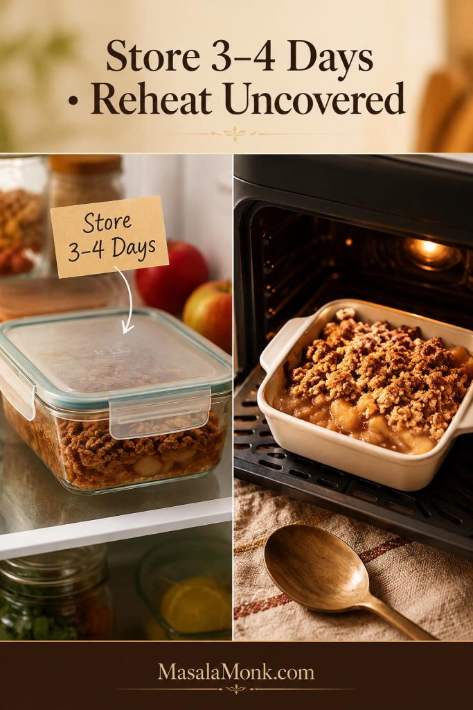 Apple crisp leftovers stored in a covered glass container and reheated uncovered in an oven.