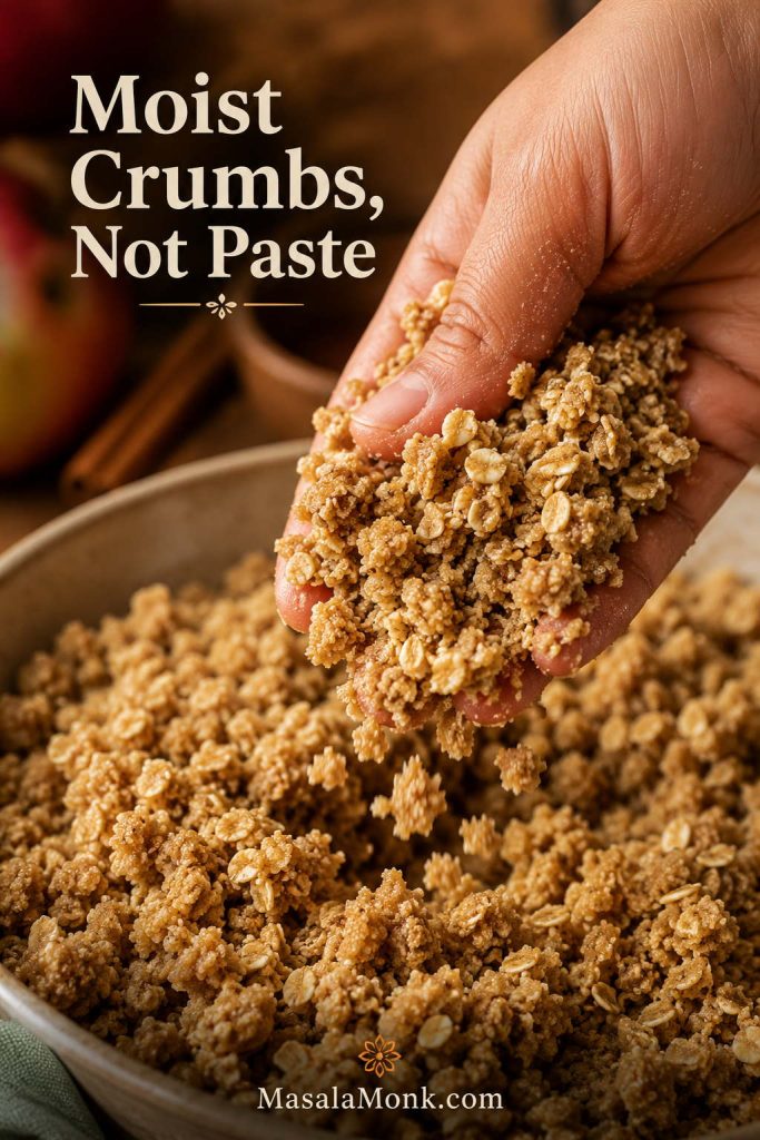 Hand holding moist oat crumbs for apple crisp topping before baking.
