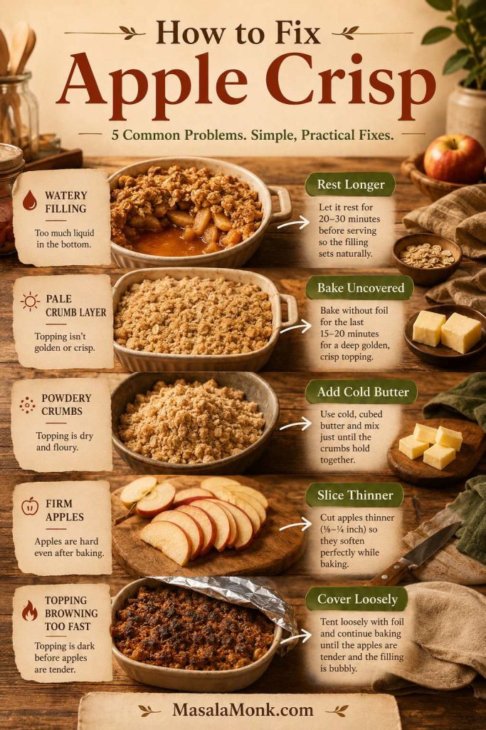 Apple crisp troubleshooting guide showing fixes for watery filling, pale topping, powdery crumbs, firm apples, and fast browning.