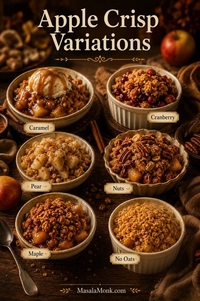Apple crisp variations with caramel, cranberry, pear, nuts, maple, and no-oat crumble servings.