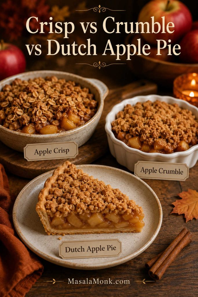 Apple crisp, apple crumble, and Dutch apple pie compared with oat topping, crumb topping, and a pie slice with crust.