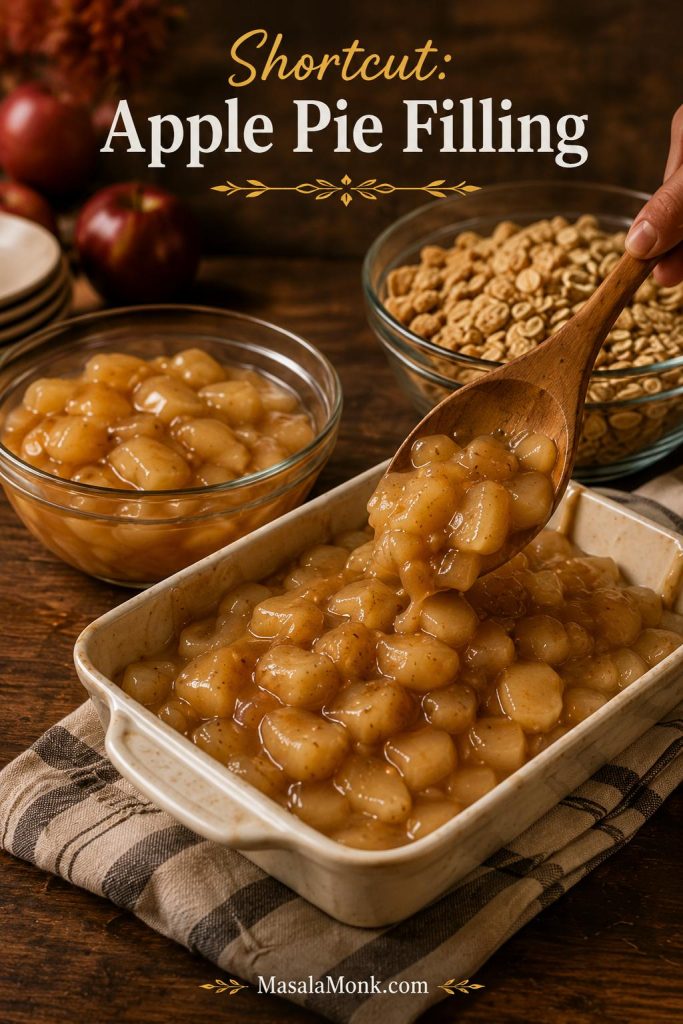 Apple pie filling being spooned into a baking dish with oat topping nearby for shortcut apple crisp.