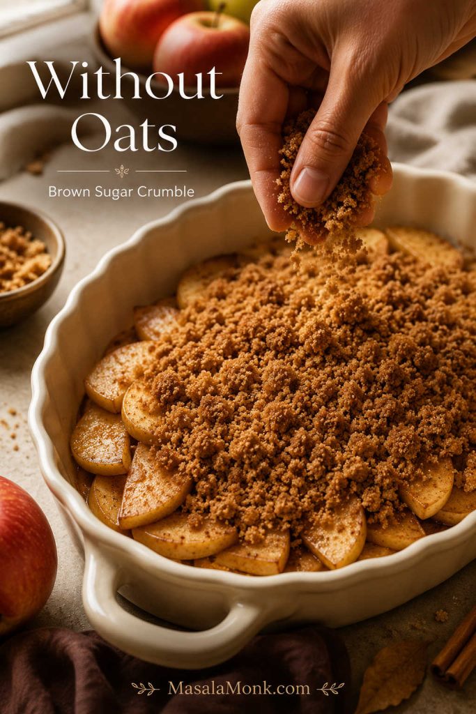Brown sugar crumble being scattered over sliced apples for apple crisp without oats.