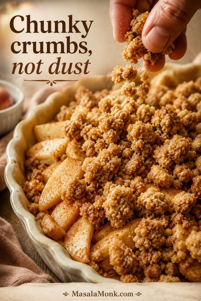 Chunky brown-sugar crumb topping scattered over sliced apples in an unbaked Dutch apple pie.