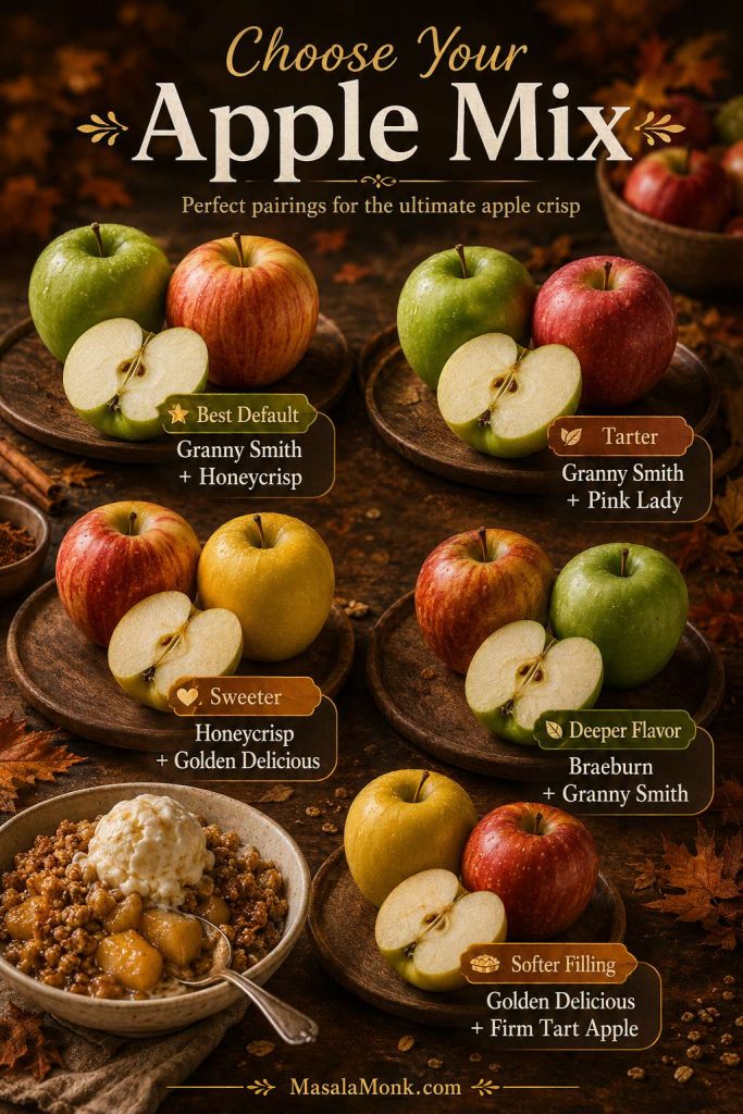 Apple mix guide for apple crisp showing different apple pairings for tart, sweet, deep, and soft fillings.