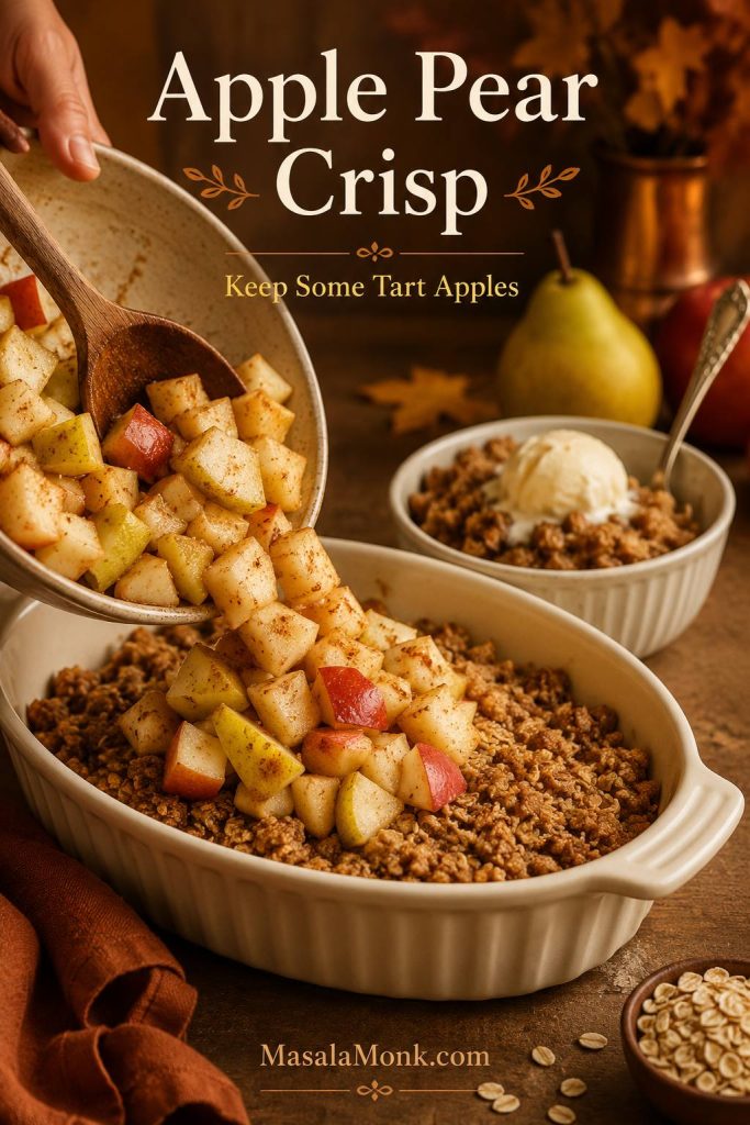 Apple pear crisp being assembled with chopped apples, pears, cinnamon, and oat crumble in a baking dish.