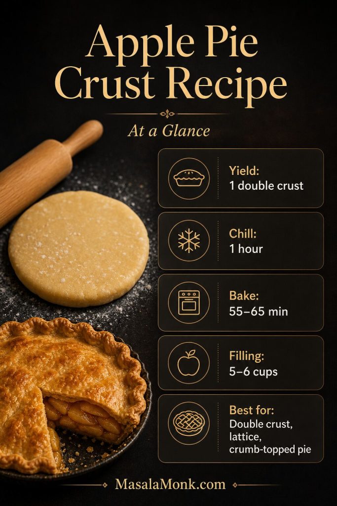 At-a-glance apple pie crust recipe board showing yield, chill time, bake time, filling amount, and best uses.
