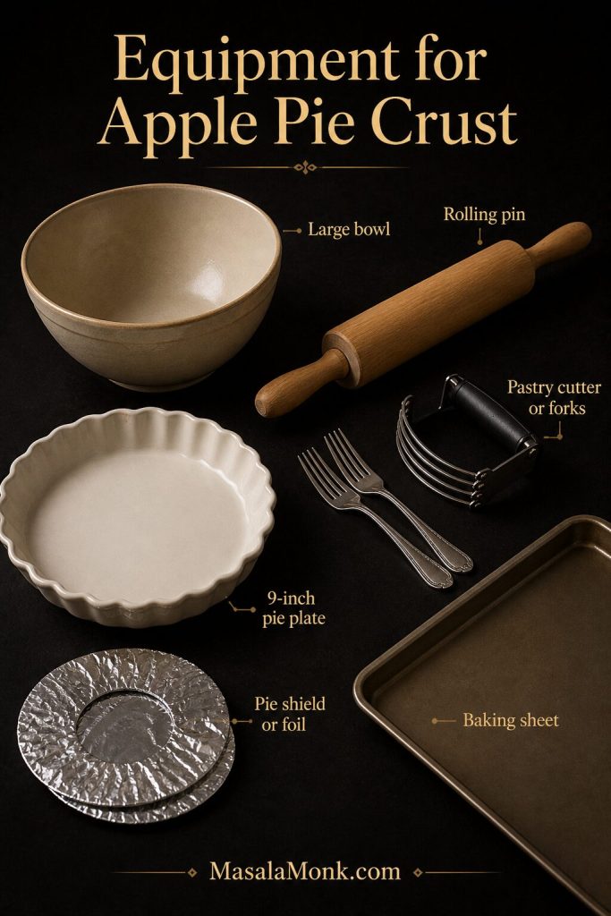 Apple pie crust equipment guide showing mixing bowl, rolling pin, pastry cutter or forks, 9-inch pie plate, baking sheet, and pie shield or foil.