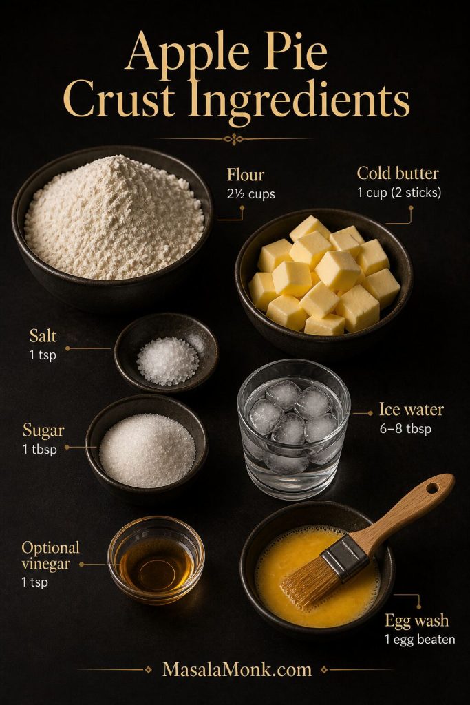 Apple pie crust ingredients board with flour, cold butter, salt, sugar, ice water, optional vinegar, and egg wash.