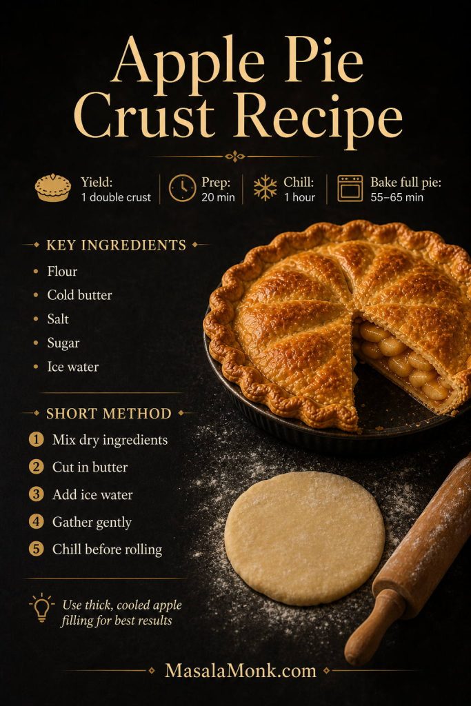 Apple pie crust recipe card with yield, prep time, chill time, bake time, key ingredients, short method, and a finished apple pie.