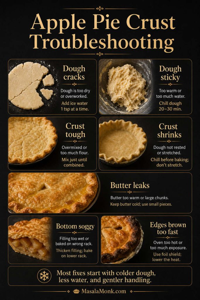 Apple pie crust troubleshooting board showing cracked dough, sticky dough, tough crust, shrinking crust, butter leaks, soggy bottom, and over-browned edges.