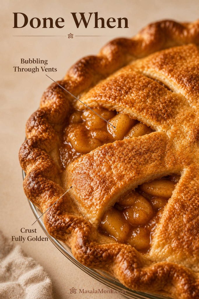 Close-up of a baked apple pie showing bubbling filling through the vents and a fully golden crust.