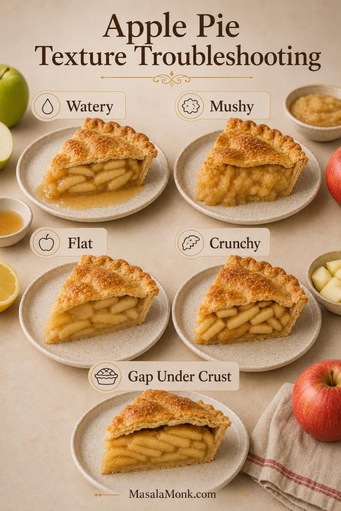 A troubleshooting guide showing apple pie slices with watery, mushy, flat, crunchy, and gap-under-crust texture problems.