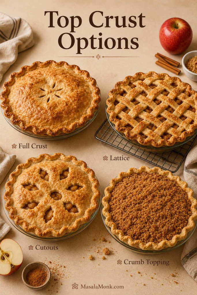 Apple pie top crust options showing full crust, lattice crust, cutout crust, and crumb topping.
