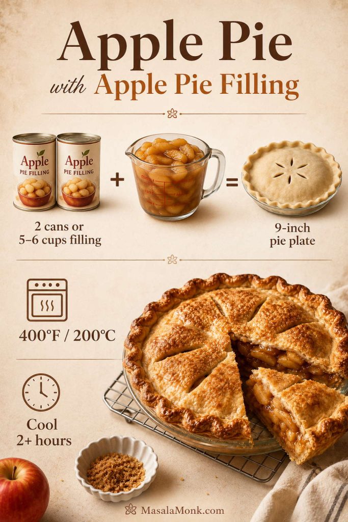 Quick answer guide for apple pie with apple pie filling showing two cans or 5 to 6 cups of filling, a 400 degree Fahrenheit bake temperature, and a cooling time of at least 2 hours.