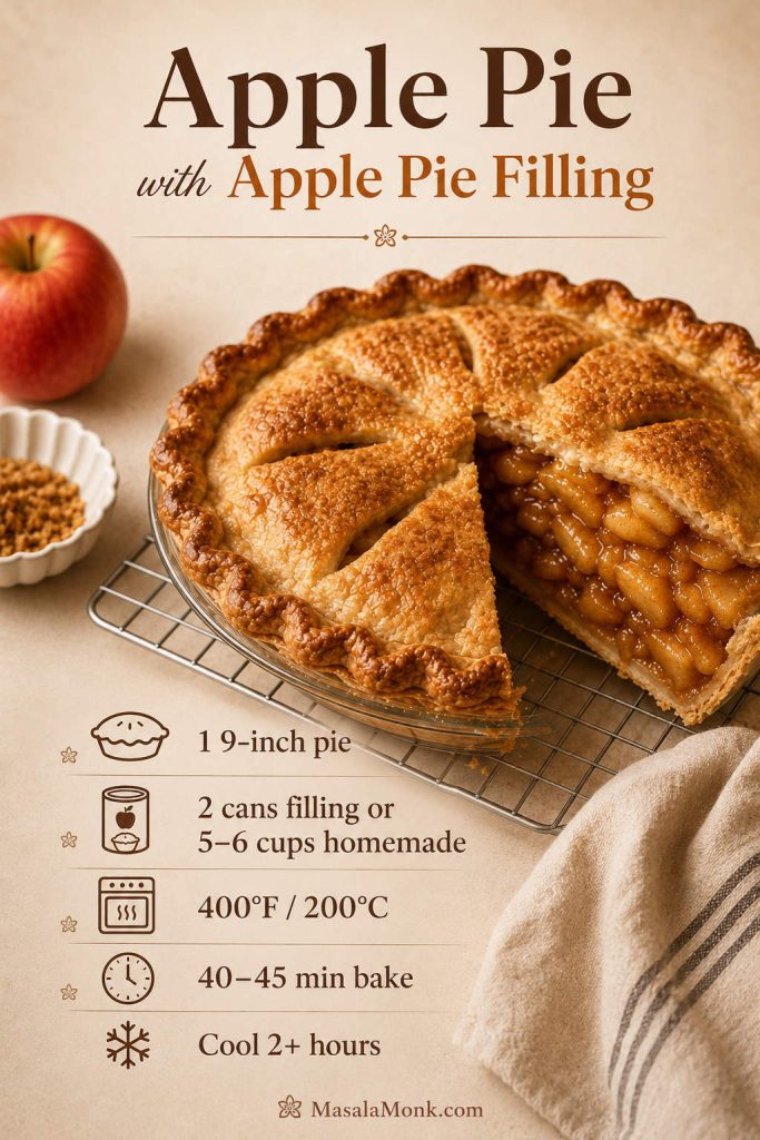 Recipe card image for apple pie with apple pie filling showing yield, filling amount, oven temperature, bake time, and cooling time.