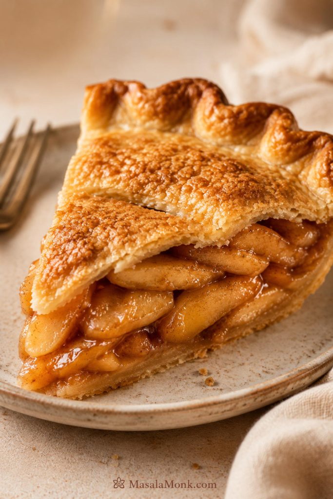 Single slice of apple pie with apple pie filling on a plate, showing glossy apple filling and a flaky golden crust.