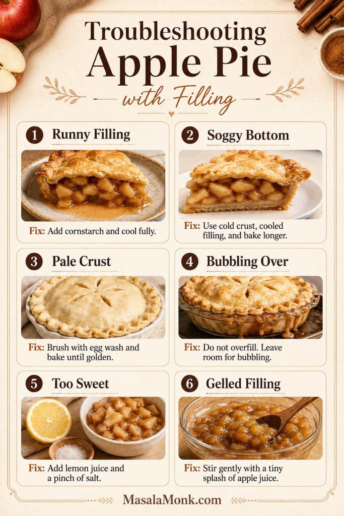 Troubleshooting guide for apple pie with apple pie filling covering runny filling, soggy bottom, pale crust, bubbling over, overly sweet filling, and thick or gelled filling.