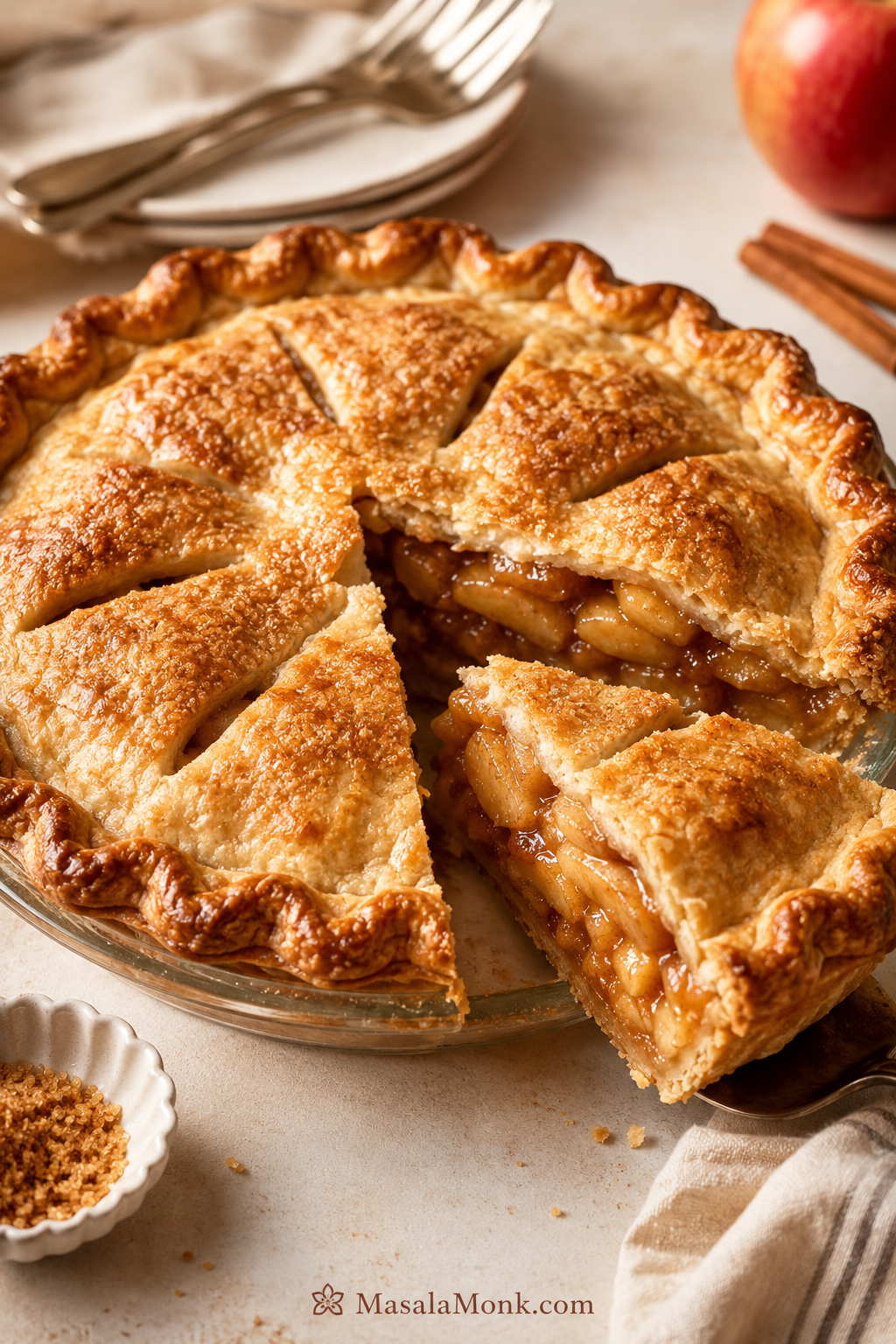 Whole apple pie with apple pie filling and one slice removed, showing thick cinnamon apple filling and a golden flaky crust.