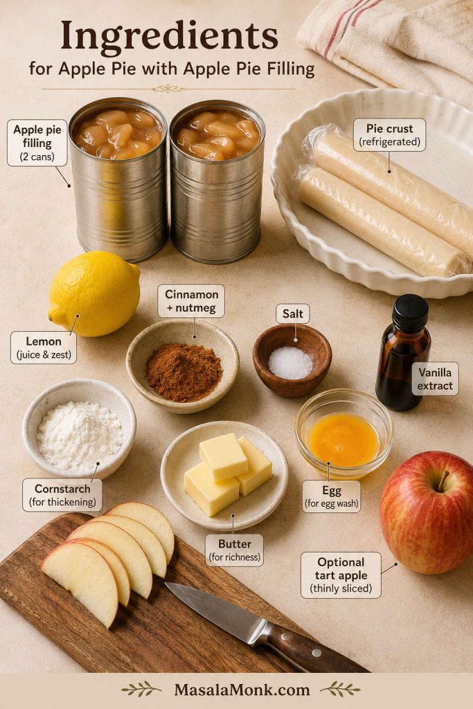 Ingredients for apple pie with canned filling arranged on a work surface, including pie crust, apple pie filling, lemon, cinnamon, nutmeg, salt, vanilla, cornstarch, butter, egg, and a tart apple.
