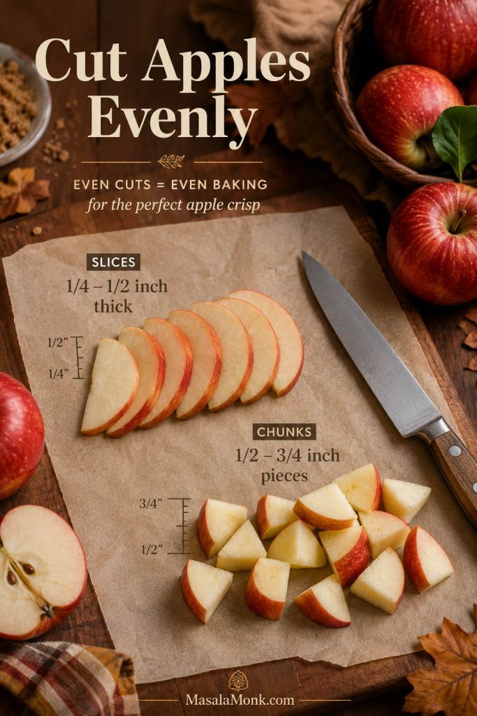 Apple slice and chunk size guide showing even pieces for apple crisp preparation.