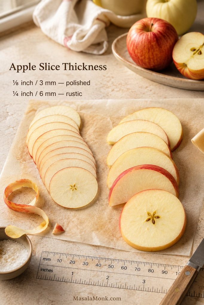 Apple slice thickness guide showing thin and slightly thicker apple slices for an apple tart.