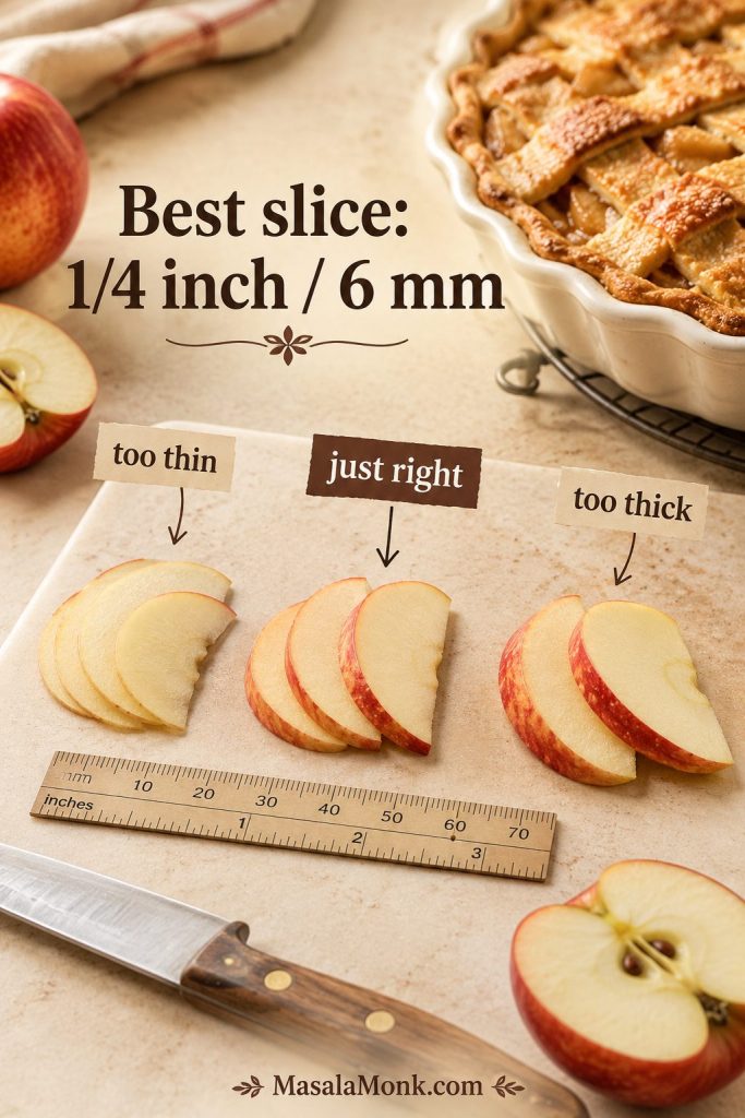 Apple slice thickness guide for Dutch apple pie showing too-thin slices, quarter-inch slices, and thick slices.