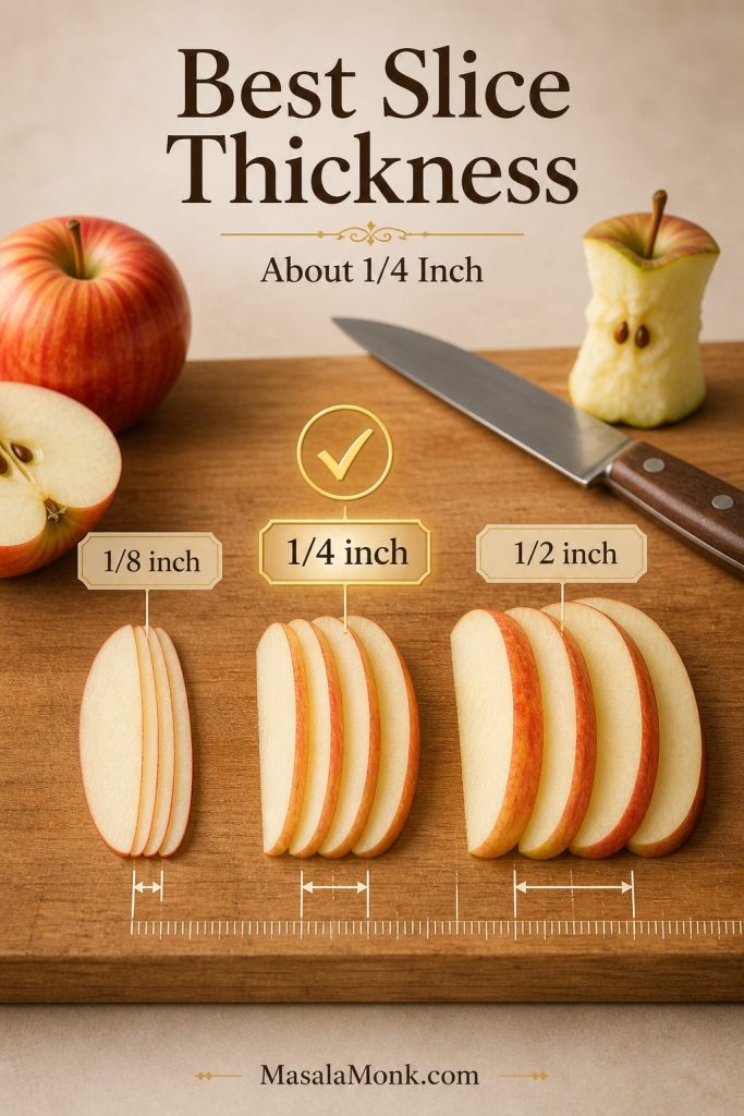 A cutting board guide comparing 1/8-inch, 1/4-inch, and 1/2-inch apple slices for pie, with 1/4 inch marked as the best default.