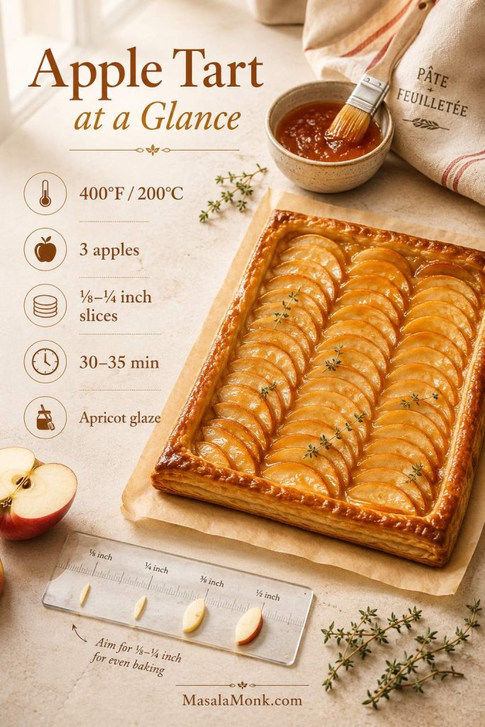 Apple tart at-a-glance guide showing bake temperature, apple amount, slice thickness, bake time, and apricot glaze.