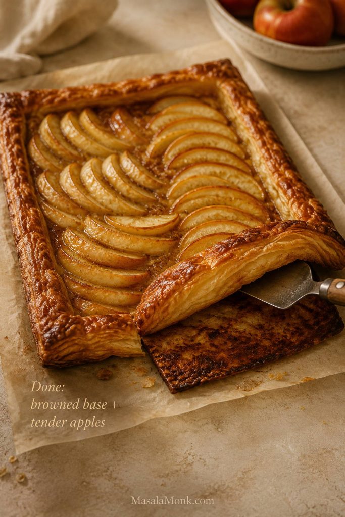 Baked apple tart with browned puff pastry, tender apple slices, and a lifted edge showing the base.
