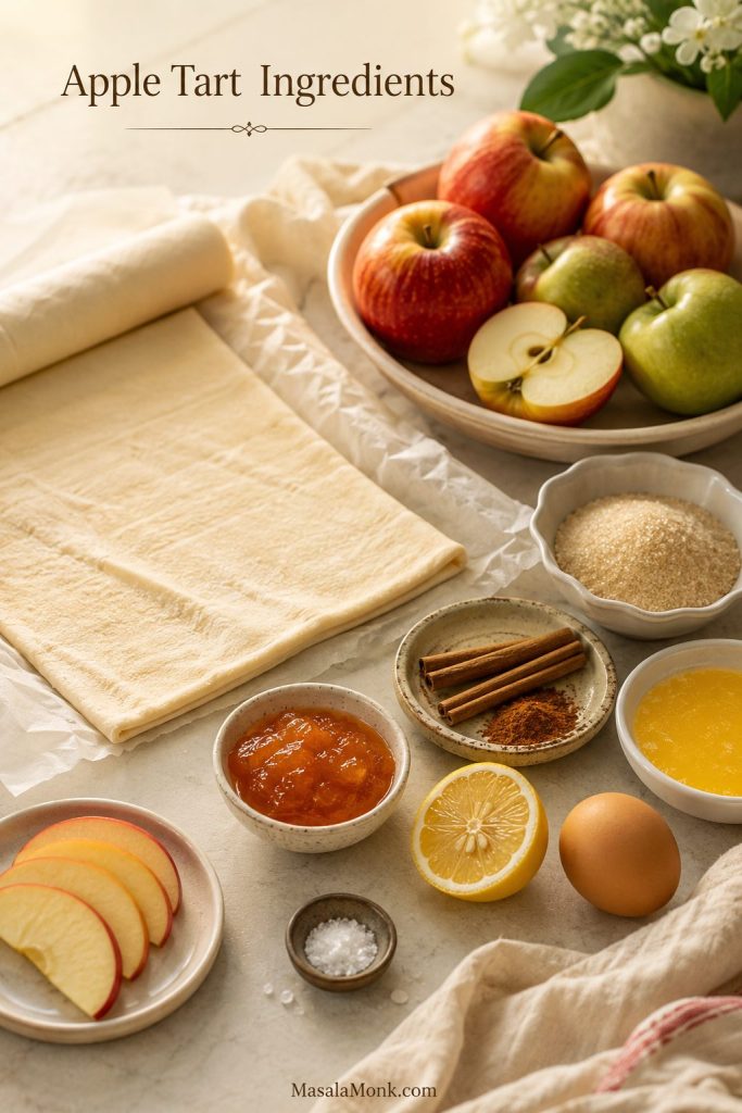 Apple tart ingredients including puff pastry, apples, cinnamon sugar, lemon, butter, apricot jam, egg, and salt.