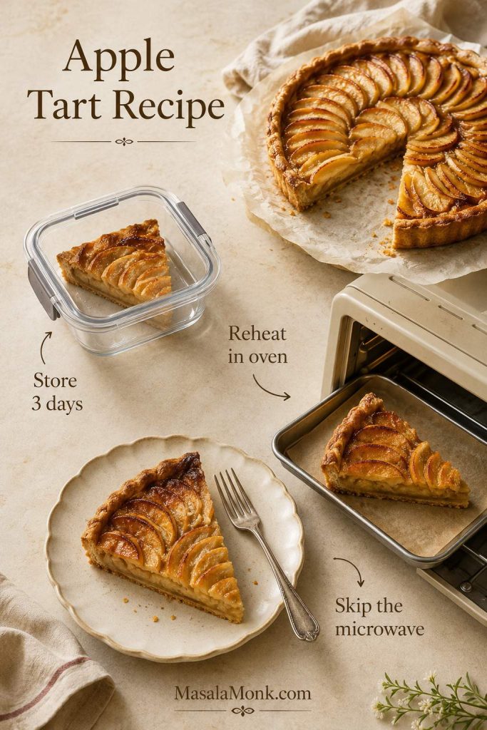 Apple tart recipe card with a tart slice, puff pastry, apples, bake temperature, bake time, and apricot glaze.