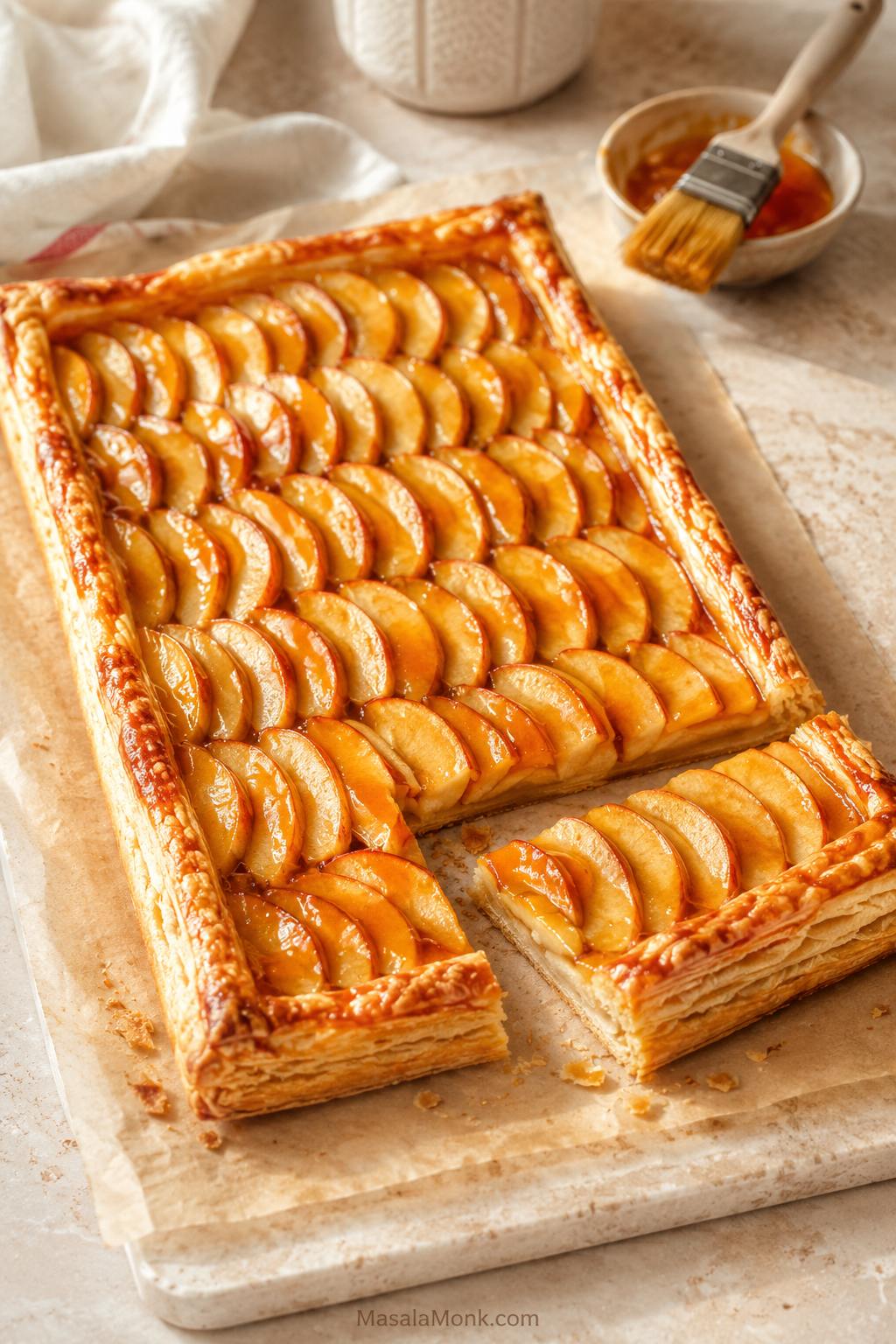 Rectangular apple tart with thin sliced apples, glossy glaze, and a golden puff pastry border on parchment.