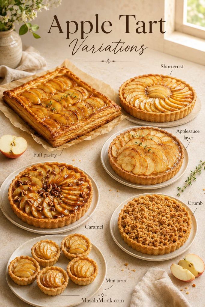 Apple tart variations including puff pastry, shortcrust, applesauce layer, caramel, crumb topping, and mini tarts.