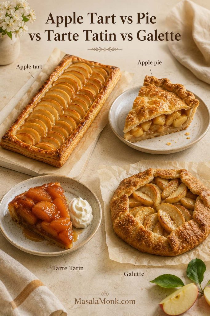 Apple tart, apple pie, Tarte Tatin, and apple galette arranged together as a dessert comparison.
