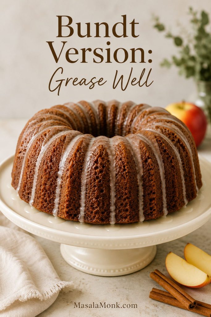 Applesauce Bundt cake with a thin glaze dripping down the ridges on a cream cake stand.