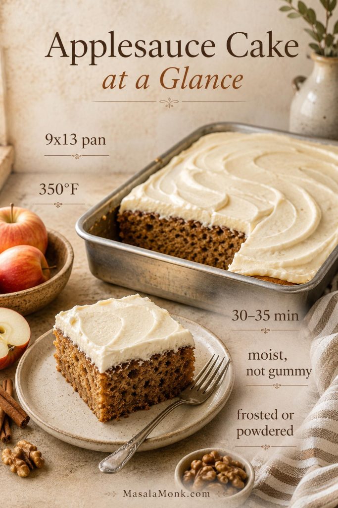At-a-glance applesauce cake guide showing a frosted cake square with cues for pan size, oven temperature, bake time, texture, and topping options.