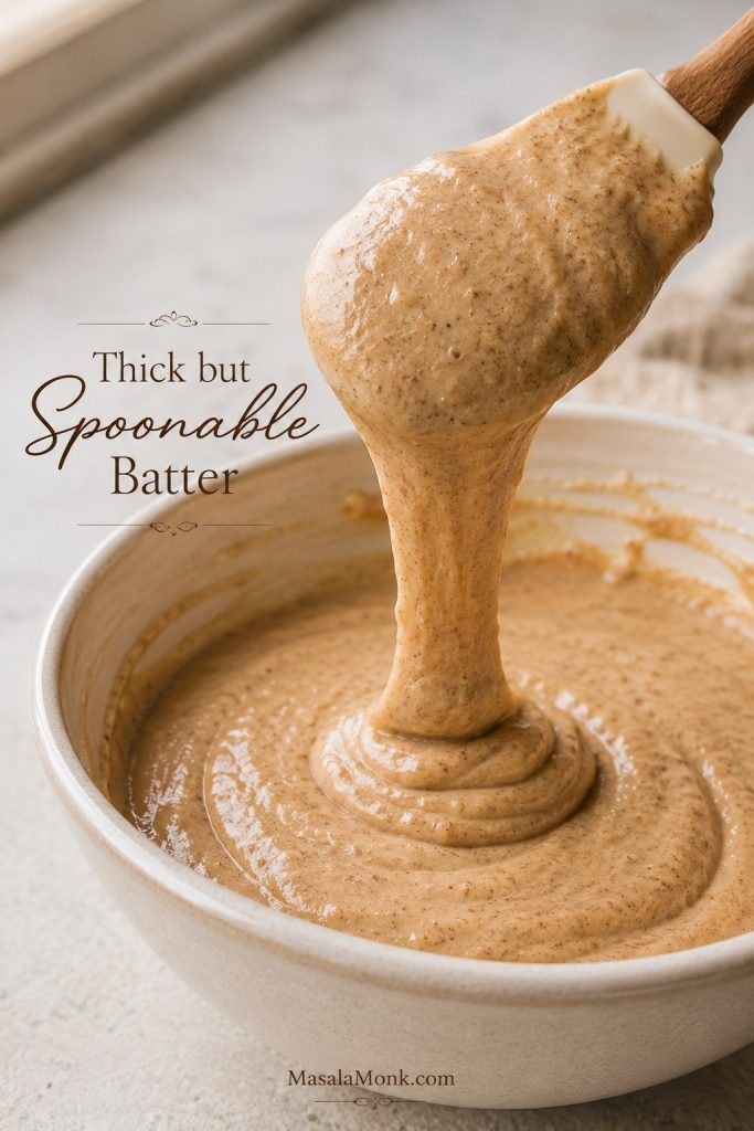 Thick tan applesauce cake batter lifting from a spatula and falling slowly back into the bowl.