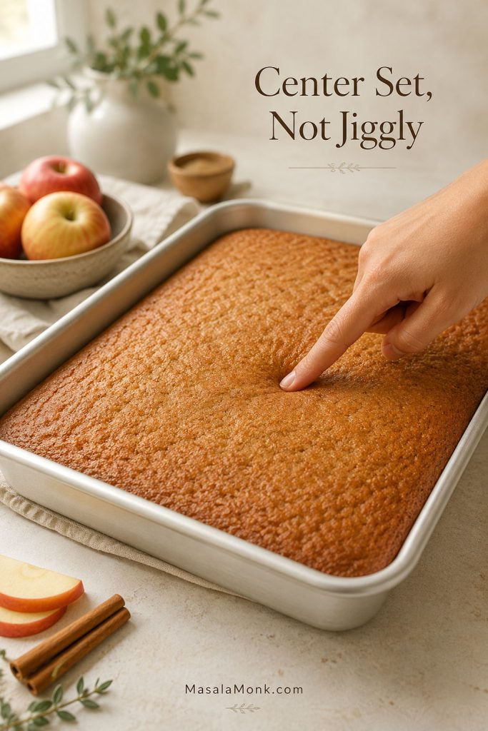 Finger gently pressing the center of a baked applesauce cake in a 9x13 pan to check that it springs back.