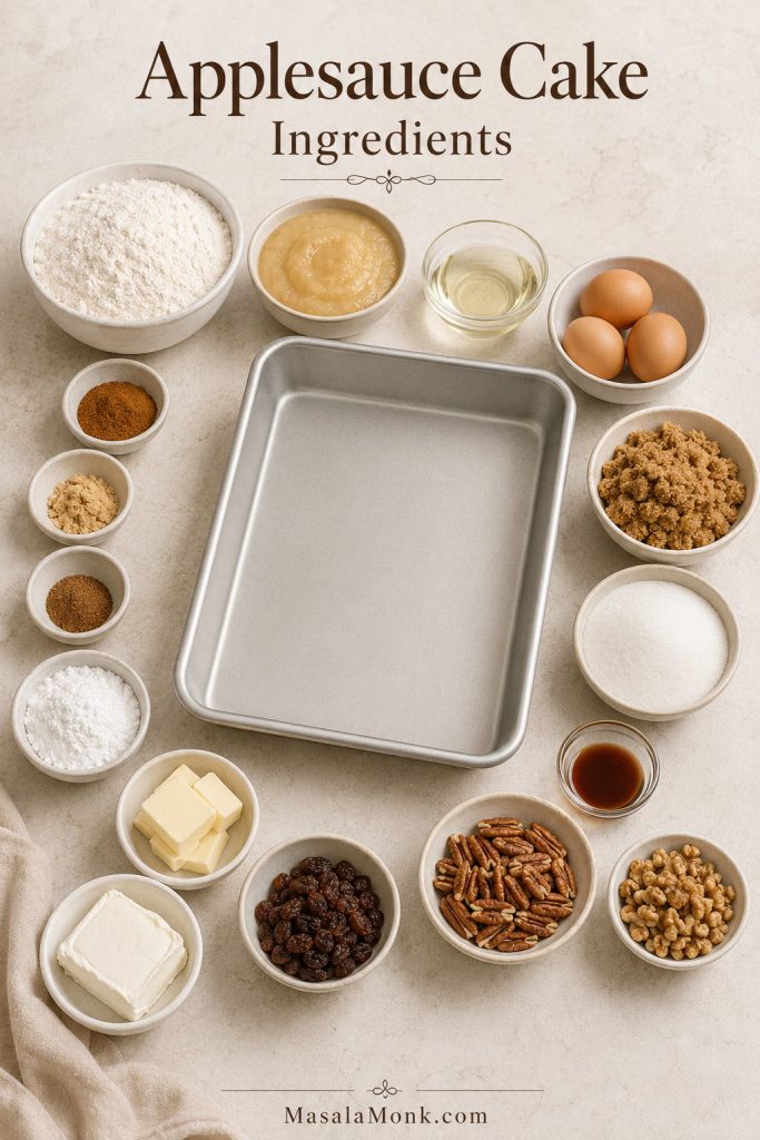 Ingredients for applesauce cake arranged around a 9x13 pan, including applesauce, flour, oil, eggs, sugars, spices, nuts, raisins, cream cheese, butter, and powdered sugar.