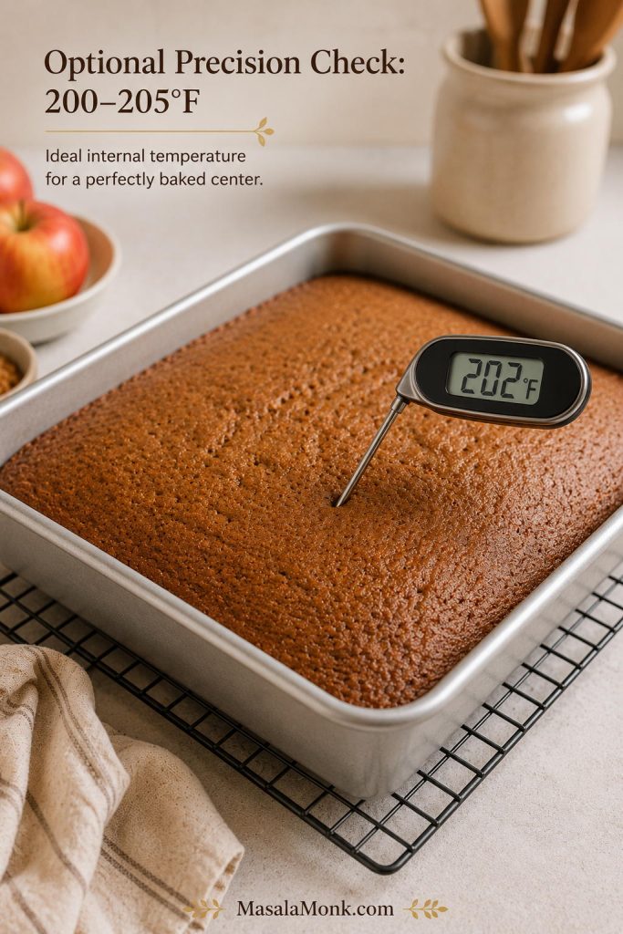 Instant-read thermometer inserted into the center of applesauce cake showing a temperature around 202 degrees Fahrenheit.
