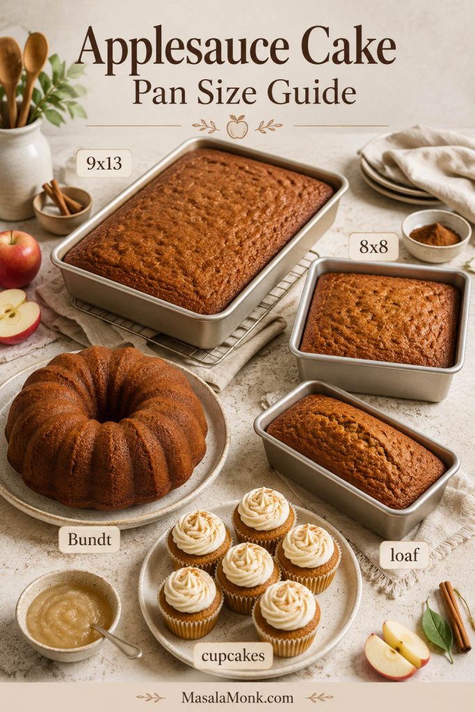 Applesauce cake pan size guide showing a 9x13 pan, 8x8 pan, Bundt cake, loaf pan, and cupcakes.