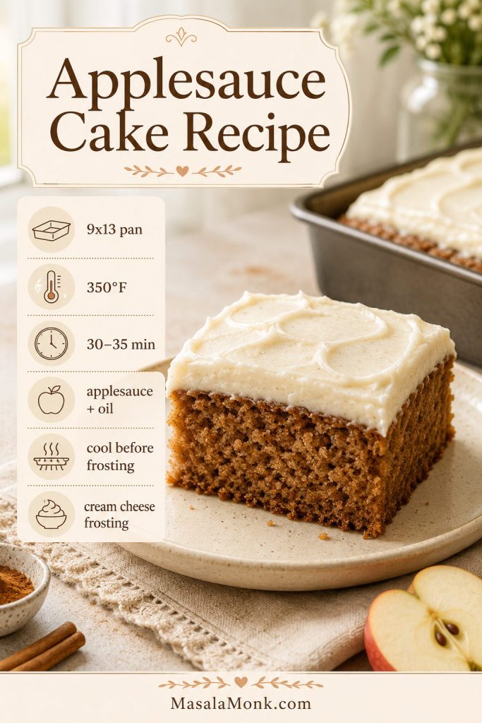 Saveable applesauce cake recipe card with a frosted cake square, 9x13 pan cue, oven temperature, bake time, applesauce and oil cue, and cream cheese frosting note.