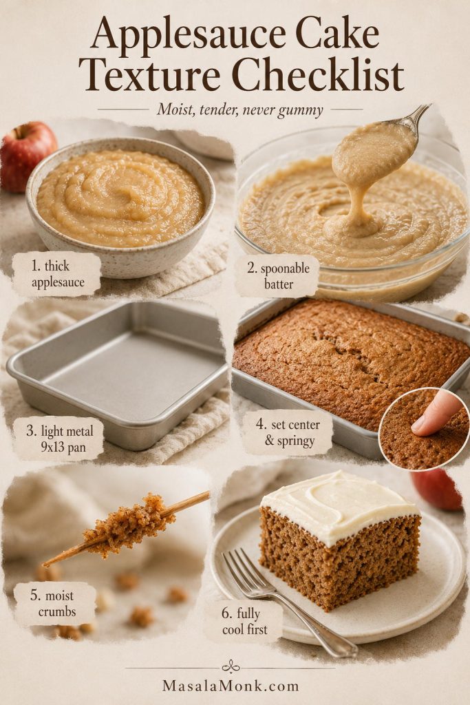 Applesauce cake texture checklist showing thick applesauce, spoonable batter, a metal pan, a set cake center, a toothpick test, and a cooled frosted slice.