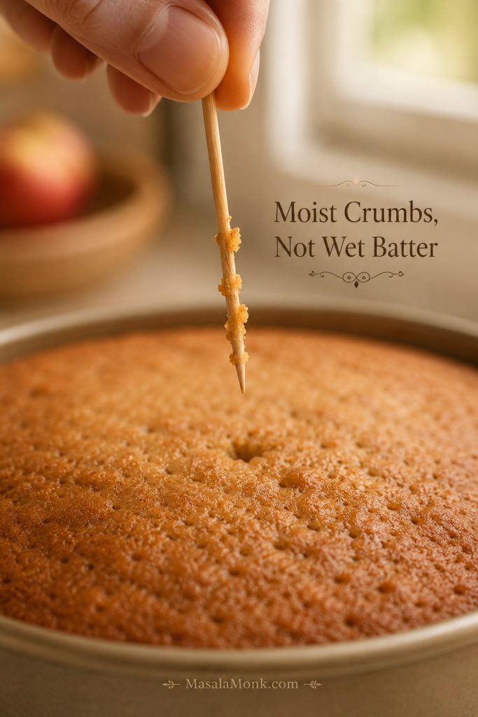 Toothpick lifted from the center of applesauce cake with a few moist crumbs attached and no wet batter.