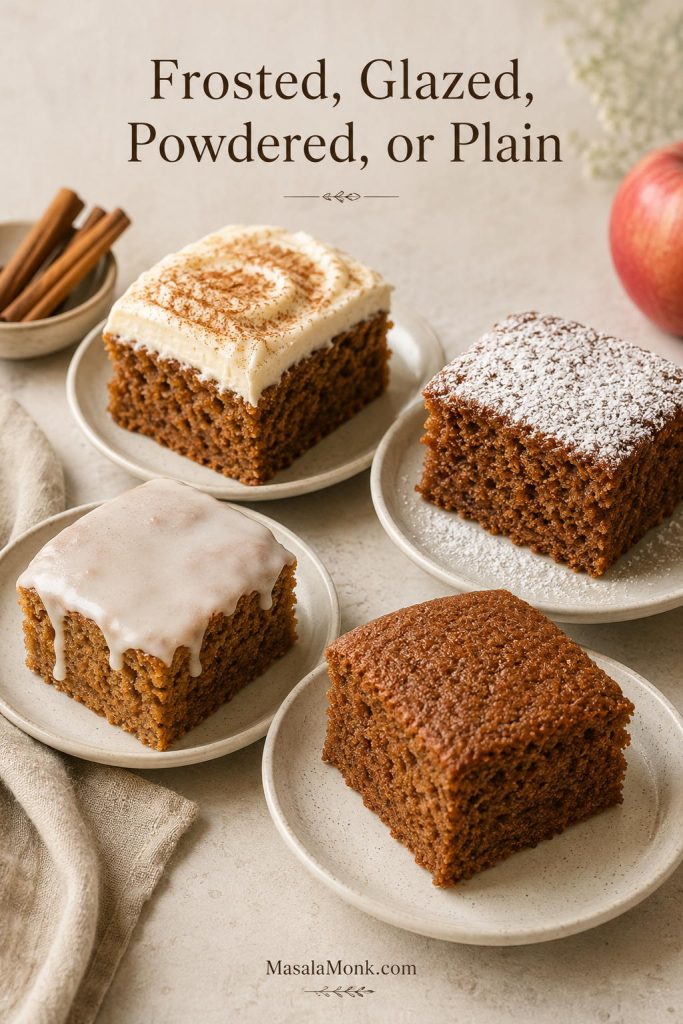 Four applesauce cake squares with different toppings: cream cheese frosting, vanilla glaze, powdered sugar, and plain.