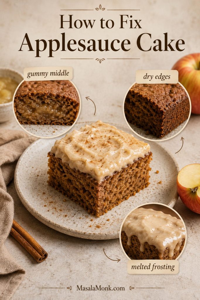 Troubleshooting board for applesauce cake showing gummy middle, dry edges, and melted frosting problems around a central frosted cake square.