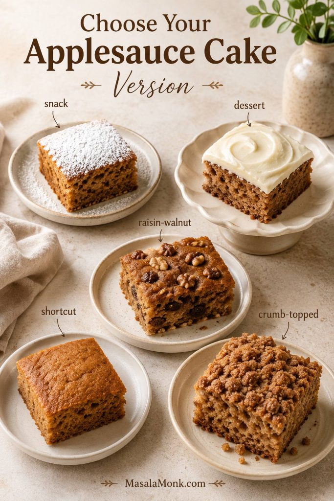Applesauce cake variation guide showing powdered sugar snack cake, frosted dessert cake, raisin-walnut cake, shortcut cake, and crumb-topped cake.