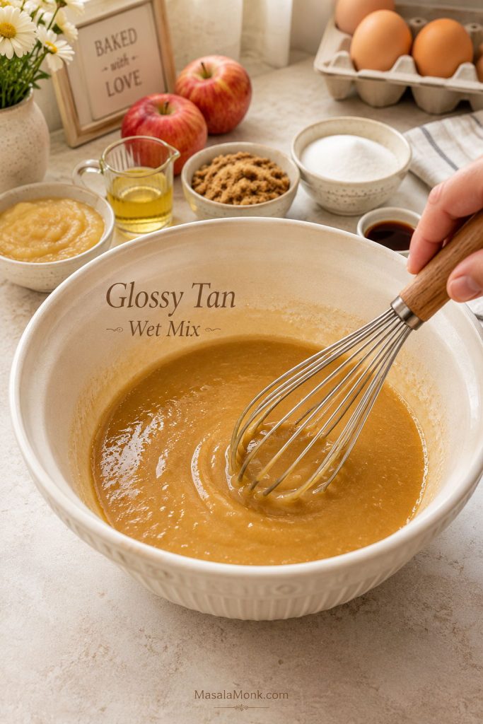 Applesauce, oil, eggs, brown sugar, granulated sugar, and vanilla whisked into a glossy tan mixture.