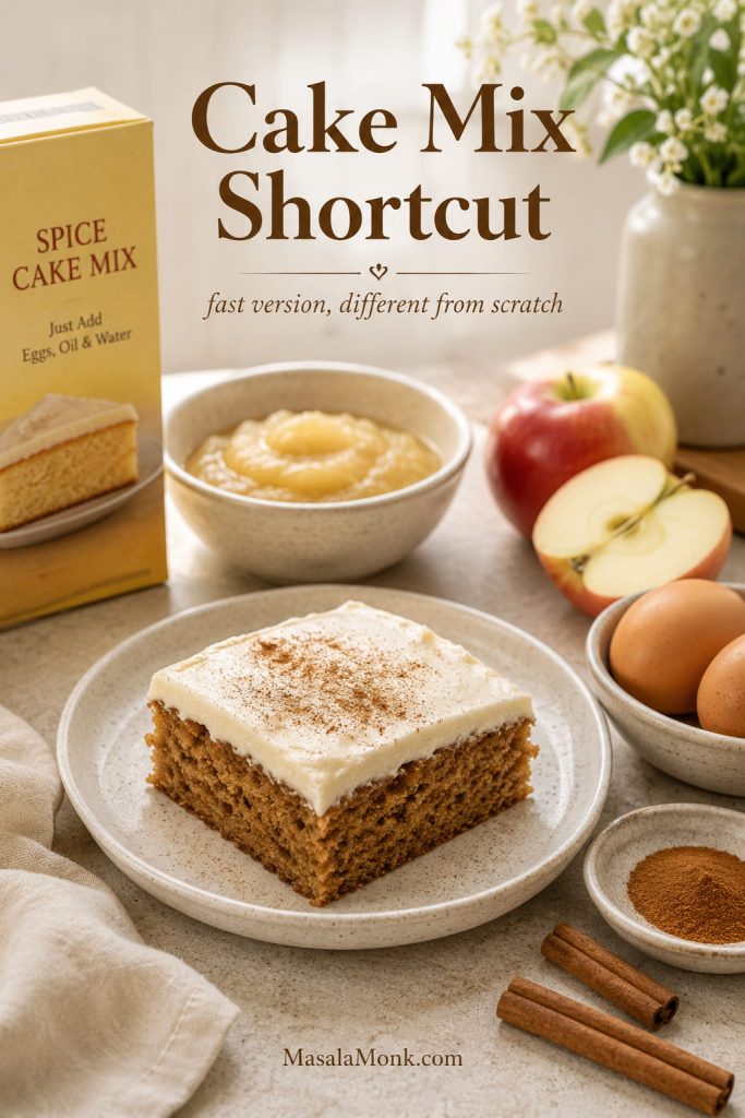 Applesauce cake mix shortcut setup with boxed cake mix, applesauce, eggs, cinnamon, and a frosted cake square.